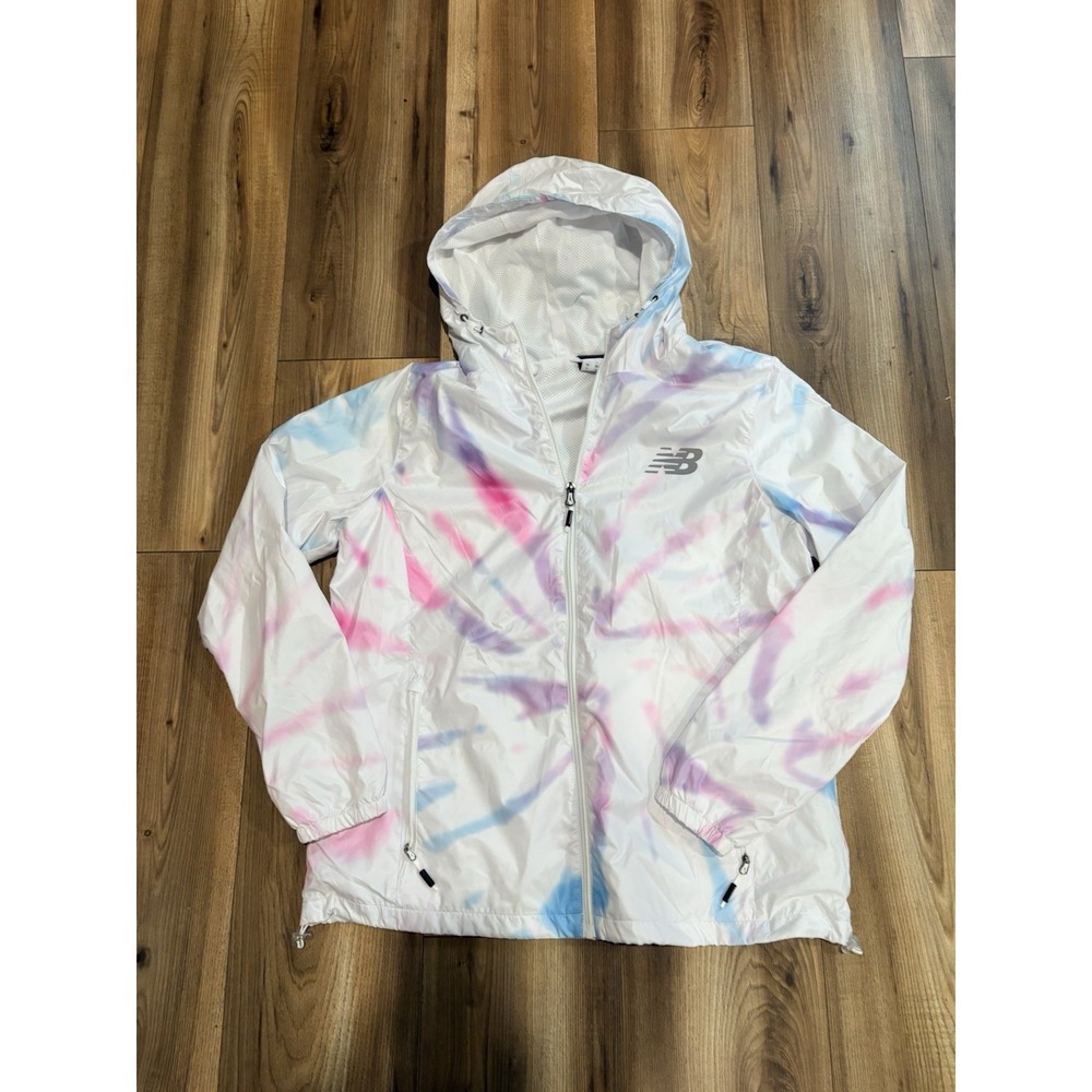 New Balance Women's Hooded Full Zip Wind Jacket Size Large White Tie Dye Stripe